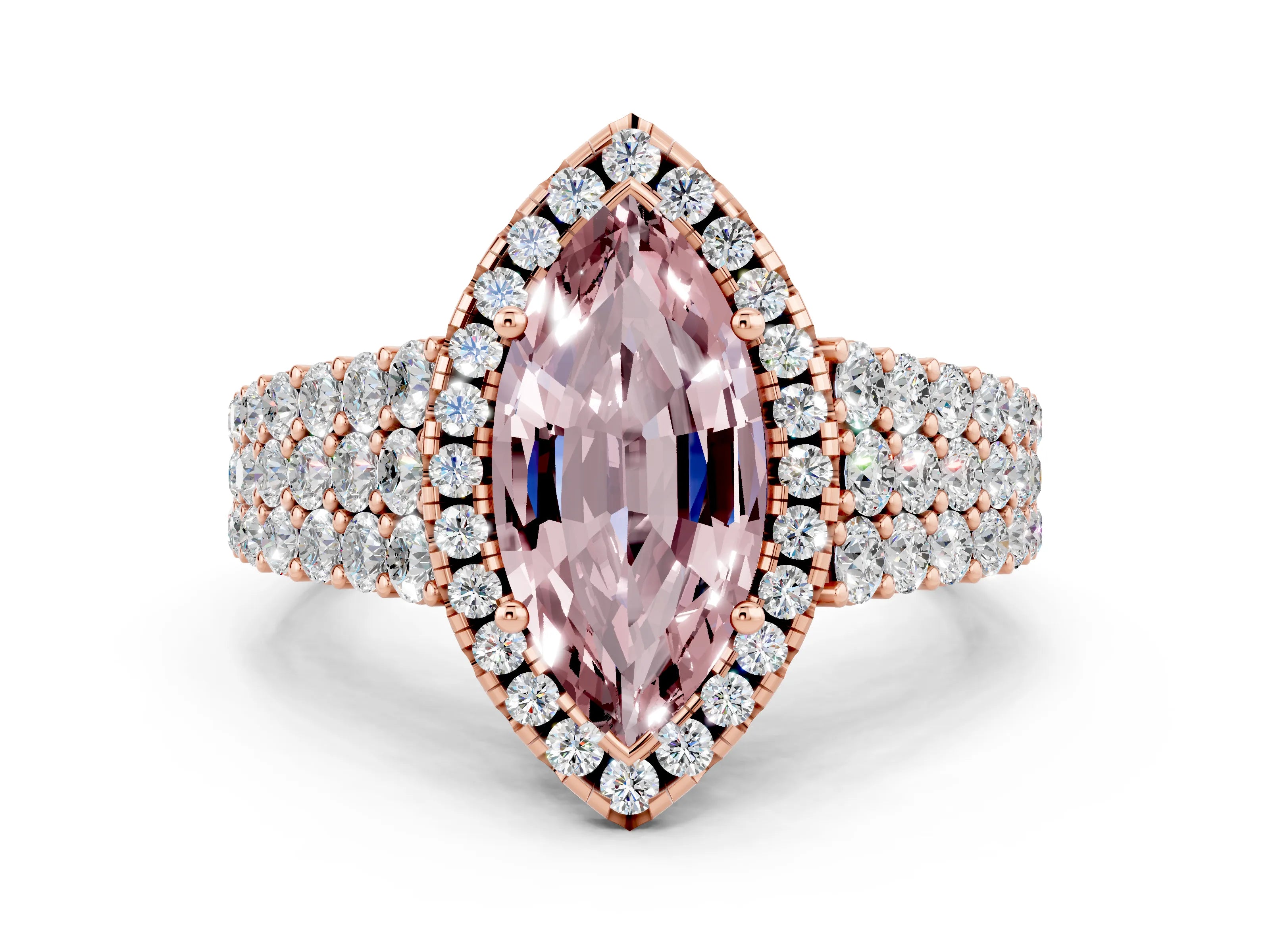 Rose gold Marquise Cut Halo Pavé Diamond Engagement Ring with Split Shank and Four-Prong Setting