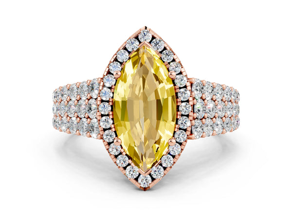 Rose gold Marquise Cut Yellow Sapphire Halo Engagement Ring with Triple Row Round Pavé Band and Prong Setting