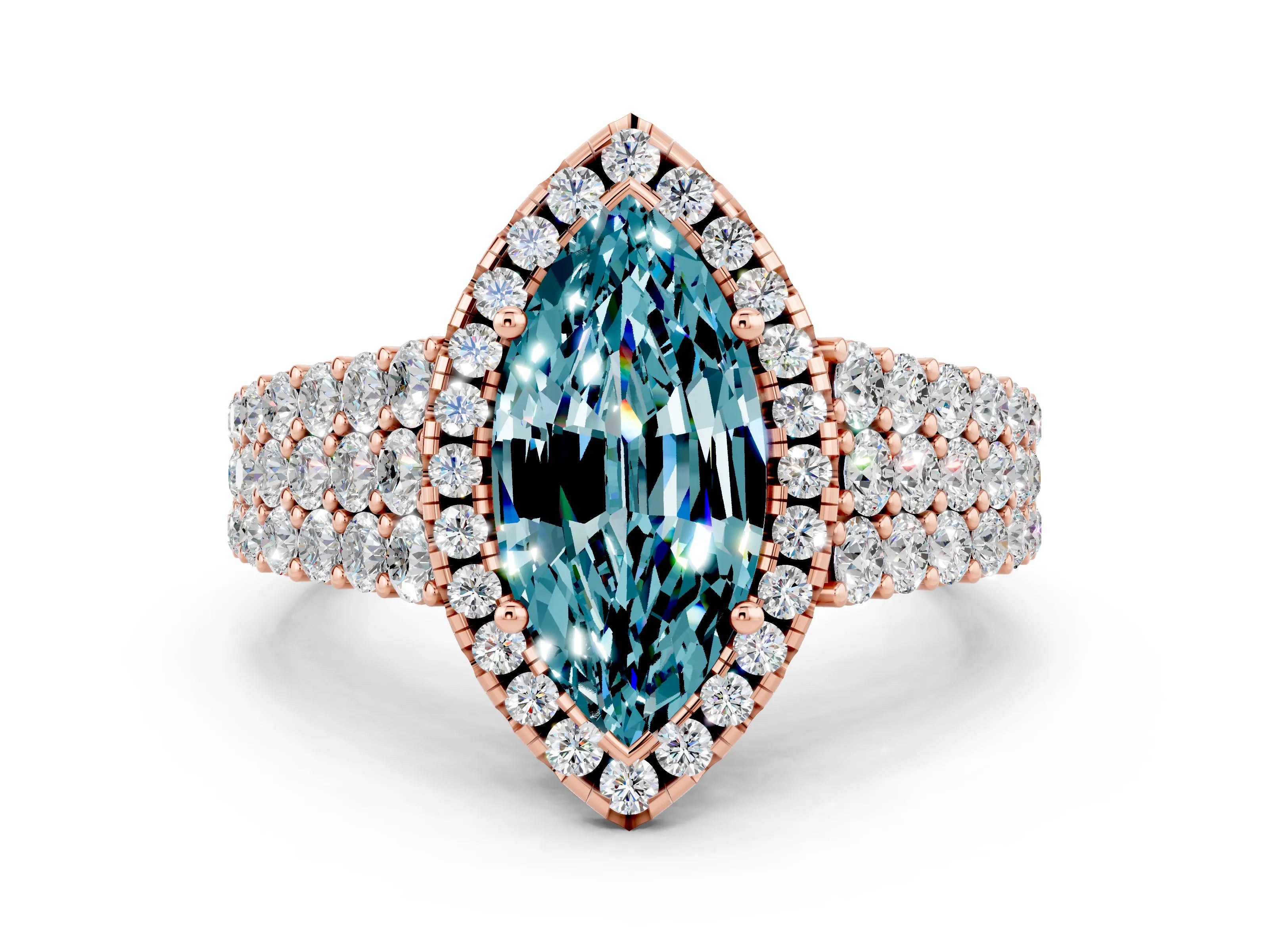 Rose gold Marquise Cut Halo Pavé Diamond Engagement Ring with Split Shank and Four-Prong Setting