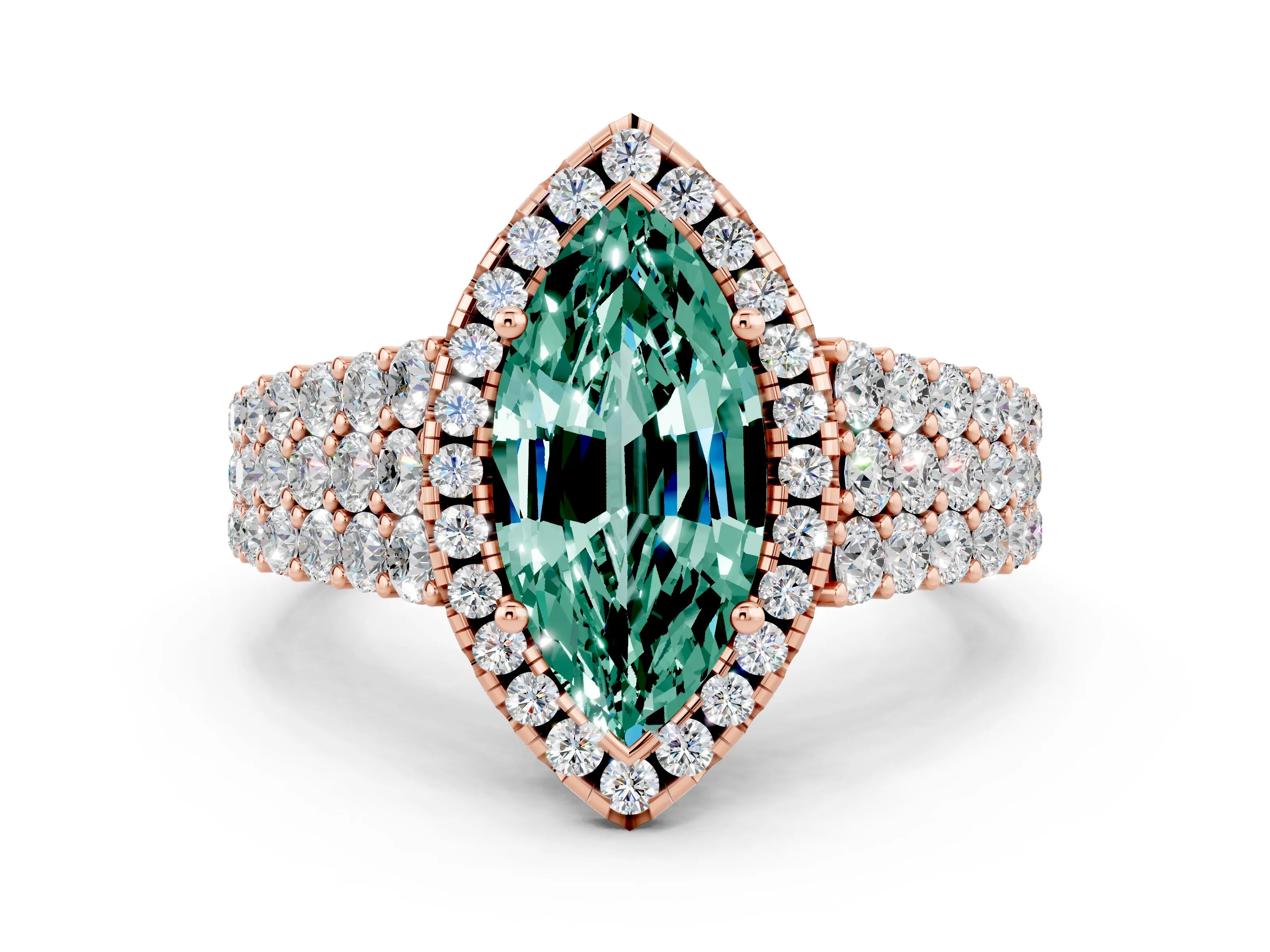 Rose gold Marquise Cut Halo Pavé Diamond Engagement Ring with Split Shank and Four-Prong Setting