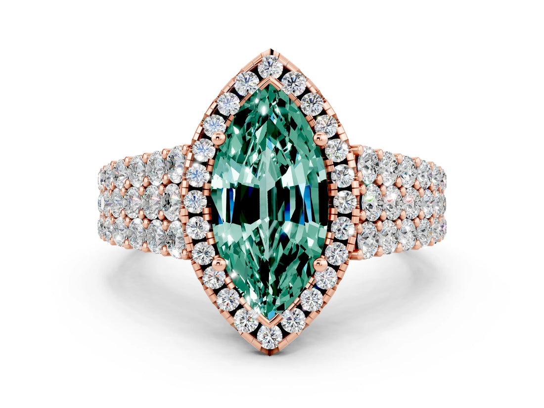 Rose gold Marquise Cut Halo Pavé Diamond Engagement Ring with Split Shank and Four-Prong Setting
