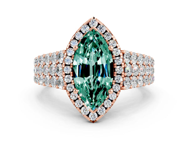 Rose gold Marquise Cut Green Sapphire Halo Engagement Ring with Triple Row Round Pavé Band and Prong Setting