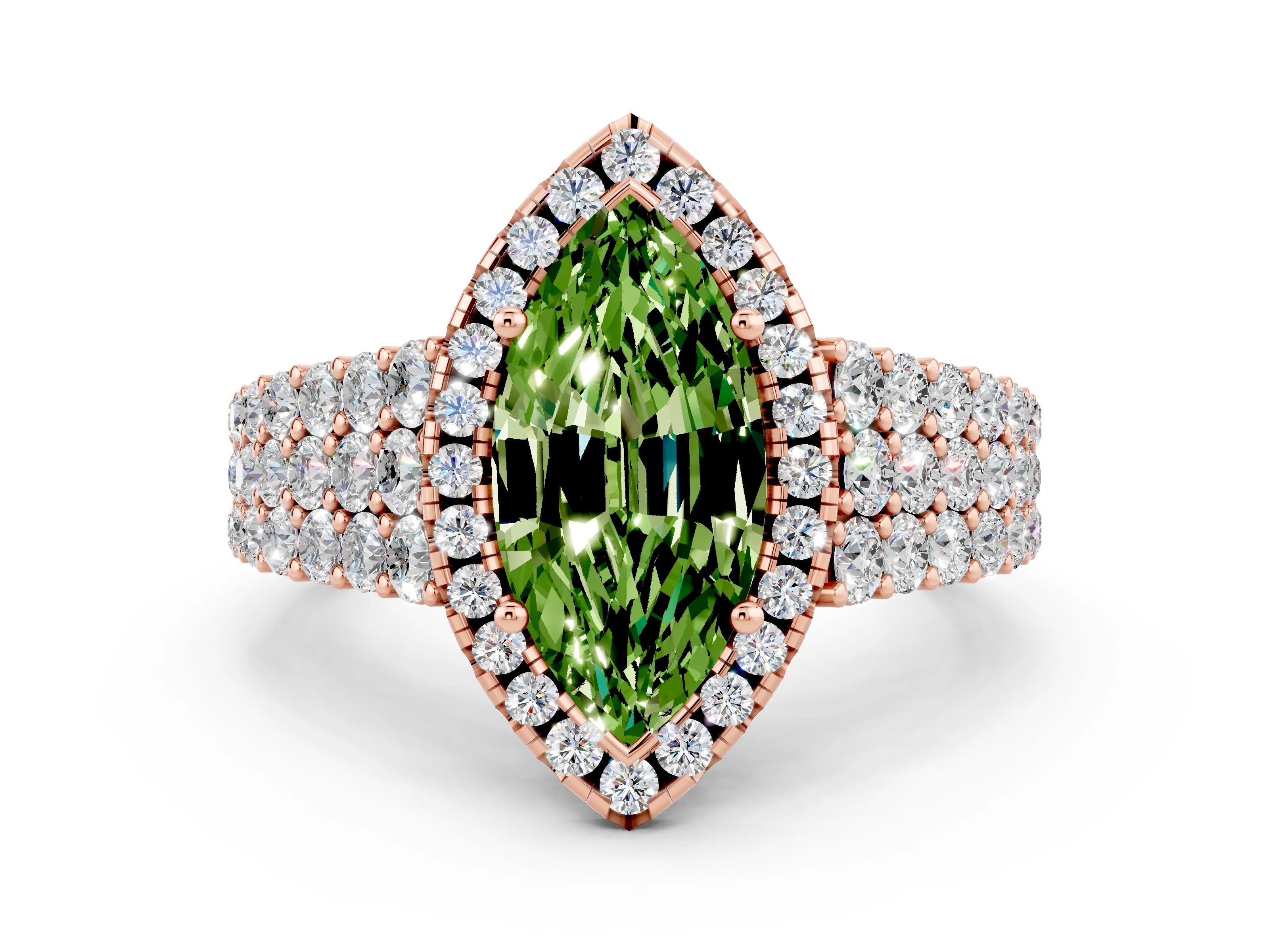 Rose gold Marquise Cut Halo Pavé Diamond Engagement Ring with Split Shank and Four-Prong Setting