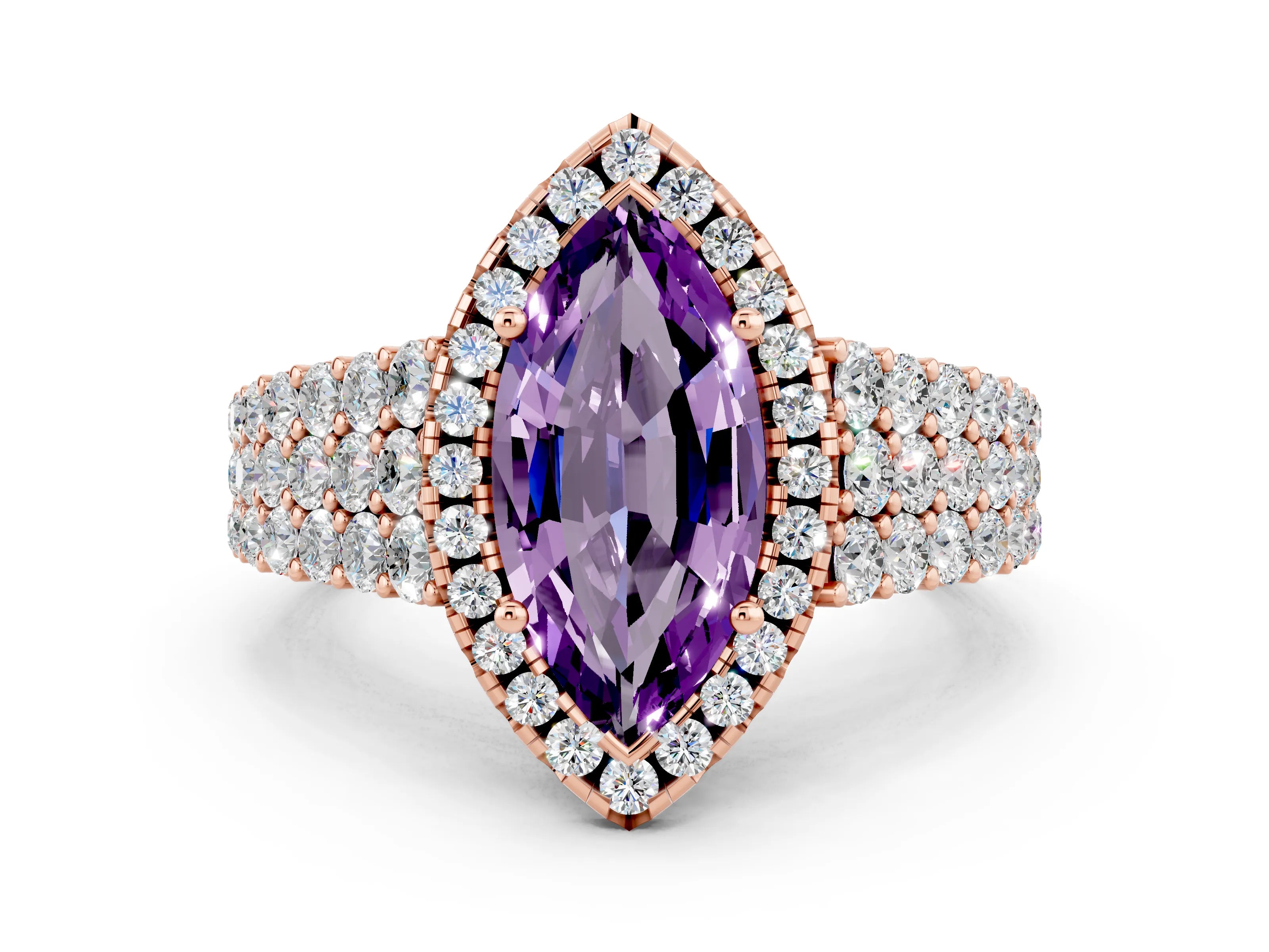 Rose gold Marquise Cut Halo Pavé Diamond Engagement Ring with Split Shank and Four-Prong Setting