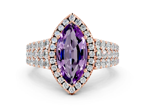 Rose gold Marquise Cut Amethyst Halo Engagement Ring with Triple Row Round Pavé Band and Prong Setting