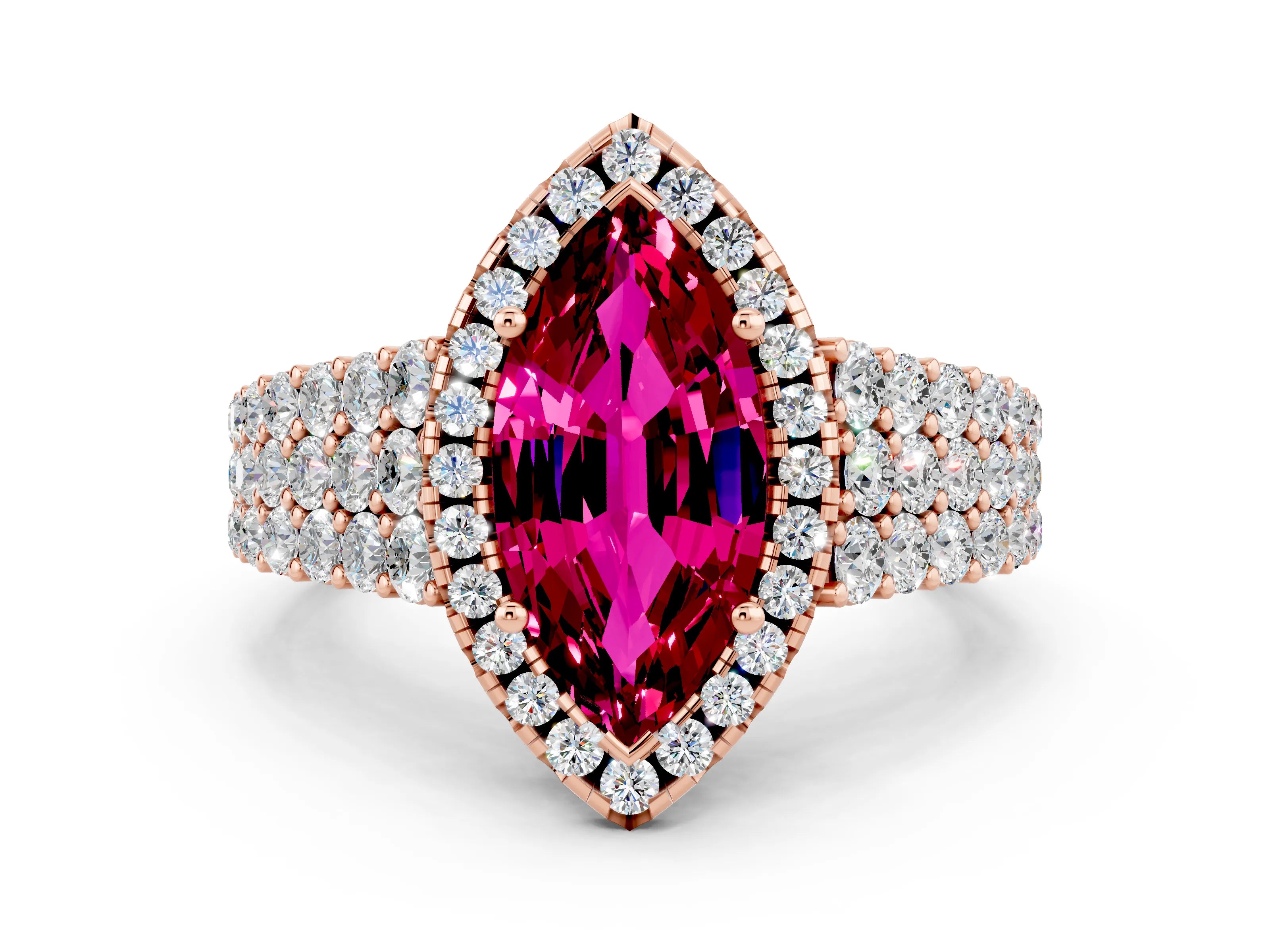 Rose gold Marquise Cut Halo Pavé Diamond Engagement Ring with Split Shank and Four-Prong Setting