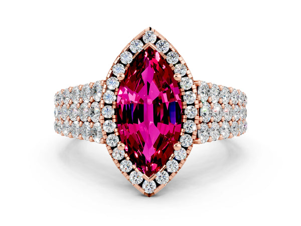Rose gold Marquise Cut Garnet Halo Engagement Ring with Triple Row Round Pavé Band and Prong Setting