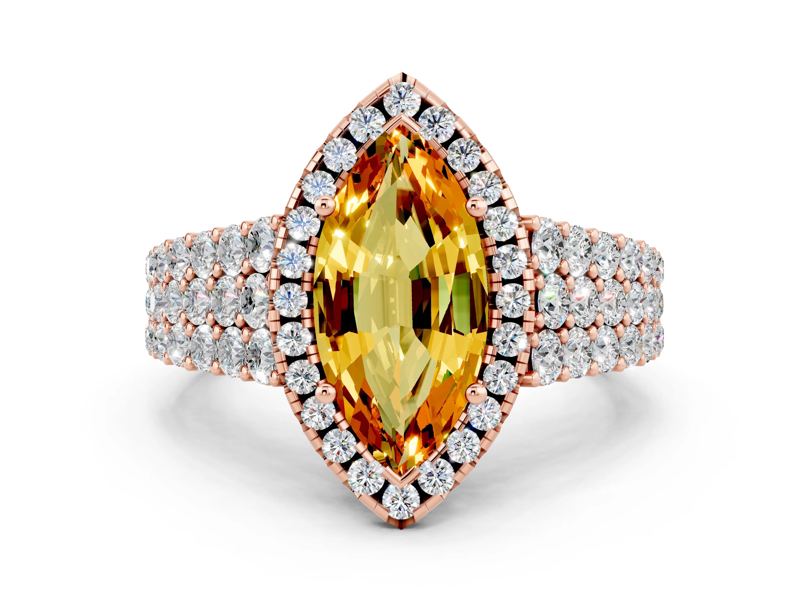 Rose gold Marquise Cut Halo Pavé Diamond Engagement Ring with Split Shank and Four-Prong Setting