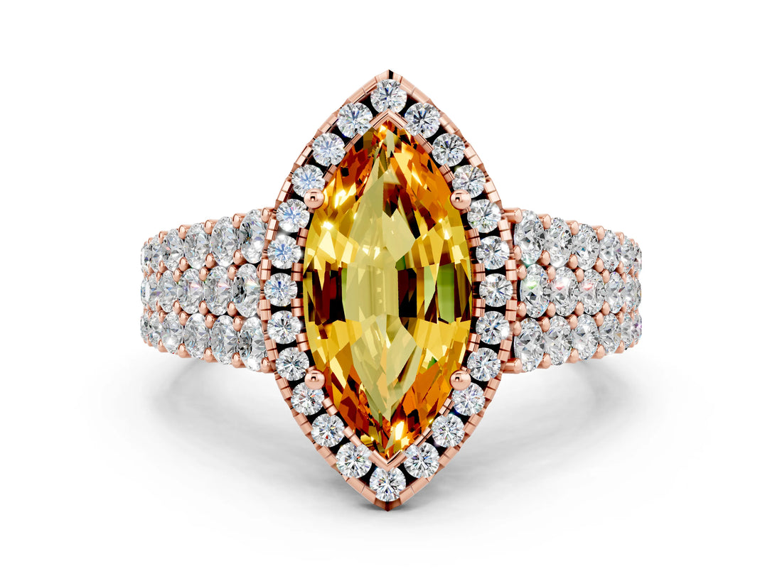 Rose gold Marquise Cut Halo Pavé Diamond Engagement Ring with Split Shank and Four-Prong Setting