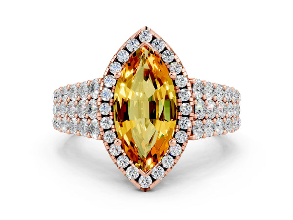 Rose gold Marquise Cut Citrine Halo Engagement Ring with Triple Row Round Pavé Band and Prong Setting