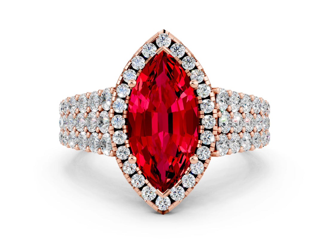 Rose gold Marquise Cut Halo Pavé Diamond Engagement Ring with Split Shank and Four-Prong Setting