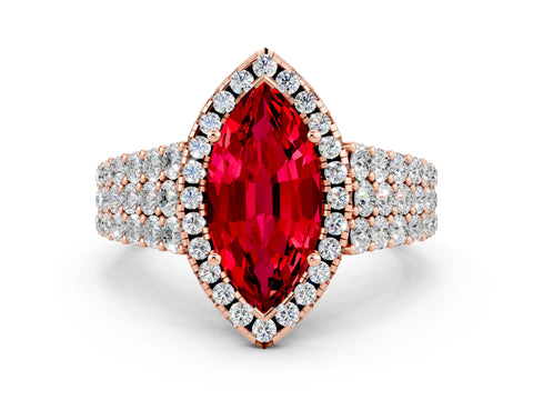 Rose gold Marquise Cut Halo Pavé Diamond Engagement Ring with Split Shank and Four-Prong Setting