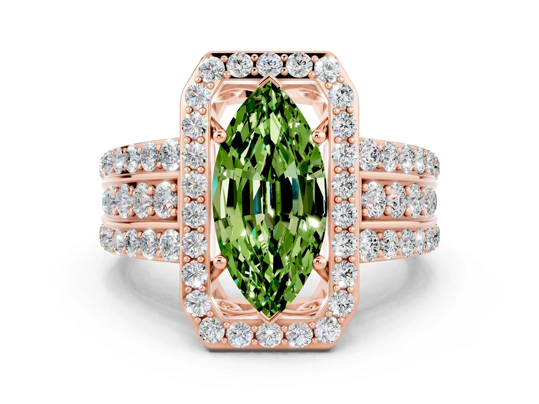 Rose gold Marquise Cut Halo Peridot Ring with Split Shank and Four-Prong Setting