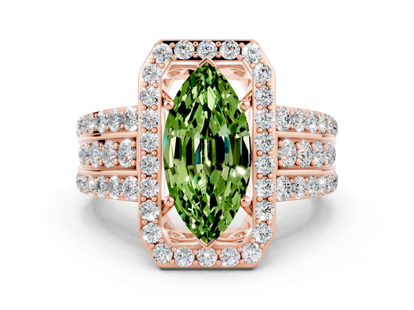 Rose gold Marquise Cut Halo Peridot Ring with Round  Split Shank and Prong Setting