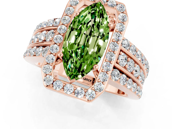 Rose gold Marquise Cut Halo Peridot Ring with Round  Split Shank and Prong Setting