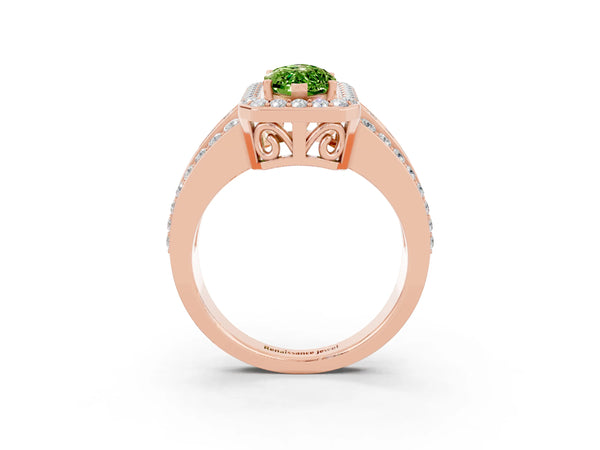 Rose gold Marquise Cut Halo Peridot Ring with Round  Split Shank and Prong Setting