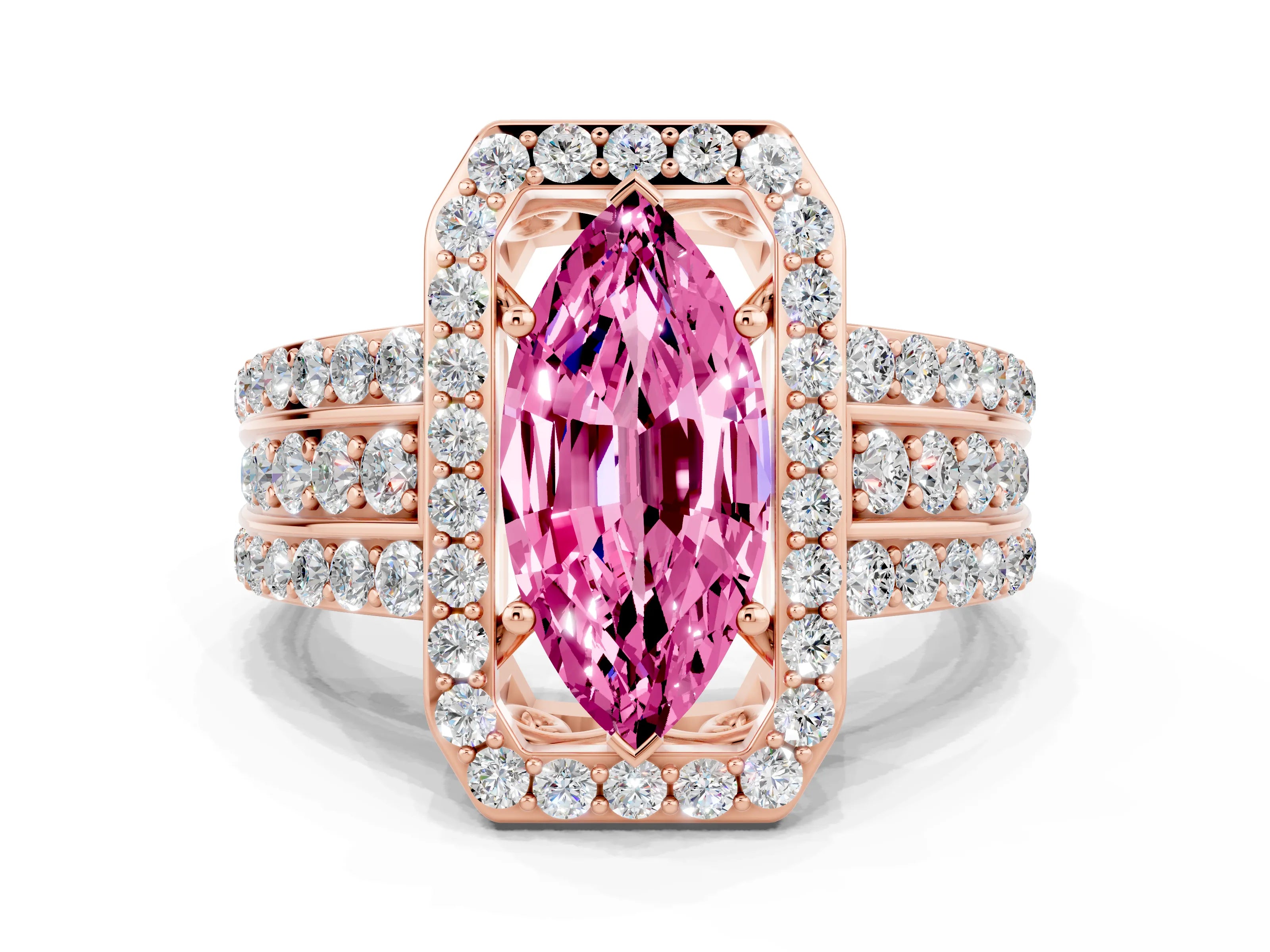 Rose gold Marquise Cut Halo Pink Sapphire Ring with Split Shank and Four-Prong Setting_24