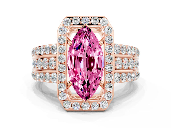 Rose gold Marquise Cut Halo Pink Sapphire Ring with Round  Split Shank and Prong Setting