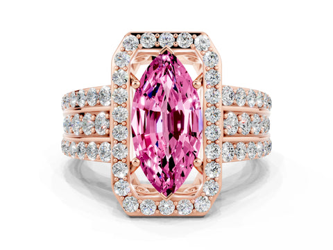 Rose gold Marquise Cut Halo Pink Sapphire Ring with Split Shank and Four-Prong Setting_24