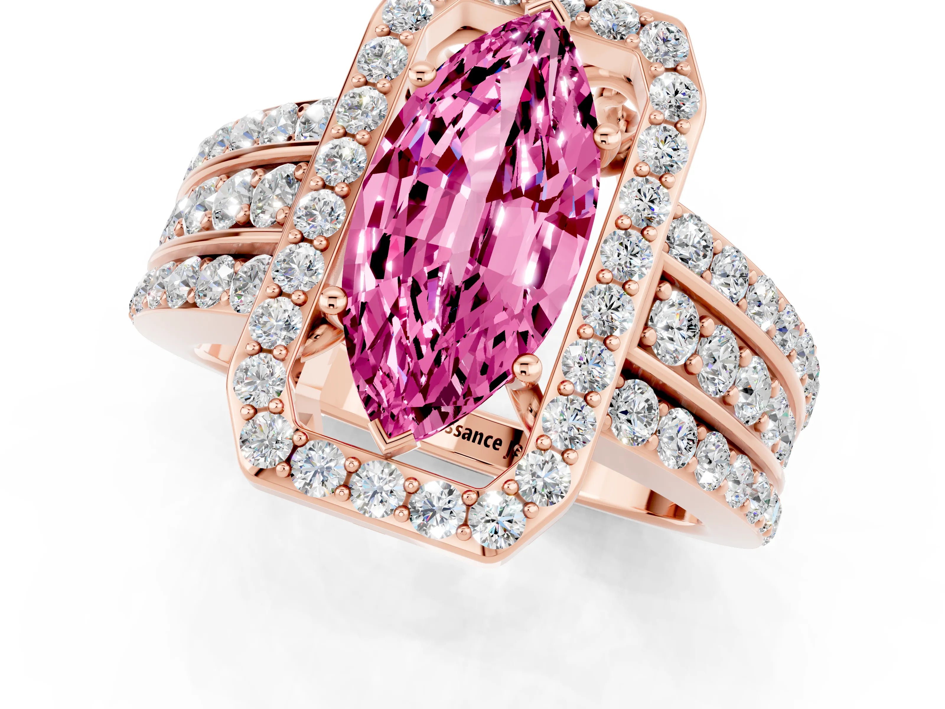Rose gold Marquise Cut Halo Pink Sapphire Ring with Split Shank and Four-Prong Setting_25