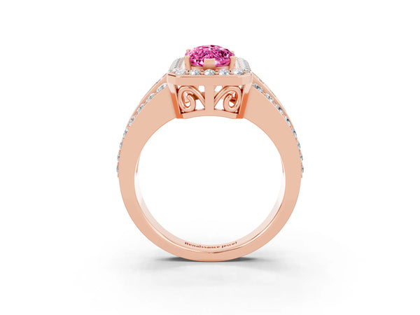 Rose gold Marquise Cut Halo Pink Sapphire Ring with Round  Split Shank and Prong Setting