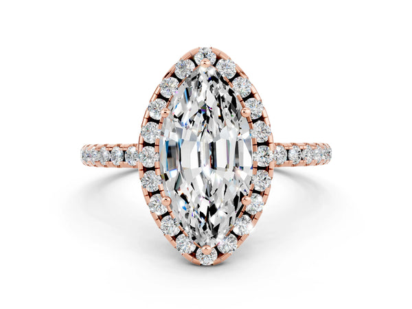 Rose gold Marquise Cut Moissanite Halo Ring with Round Pavé Band and Prong Setting