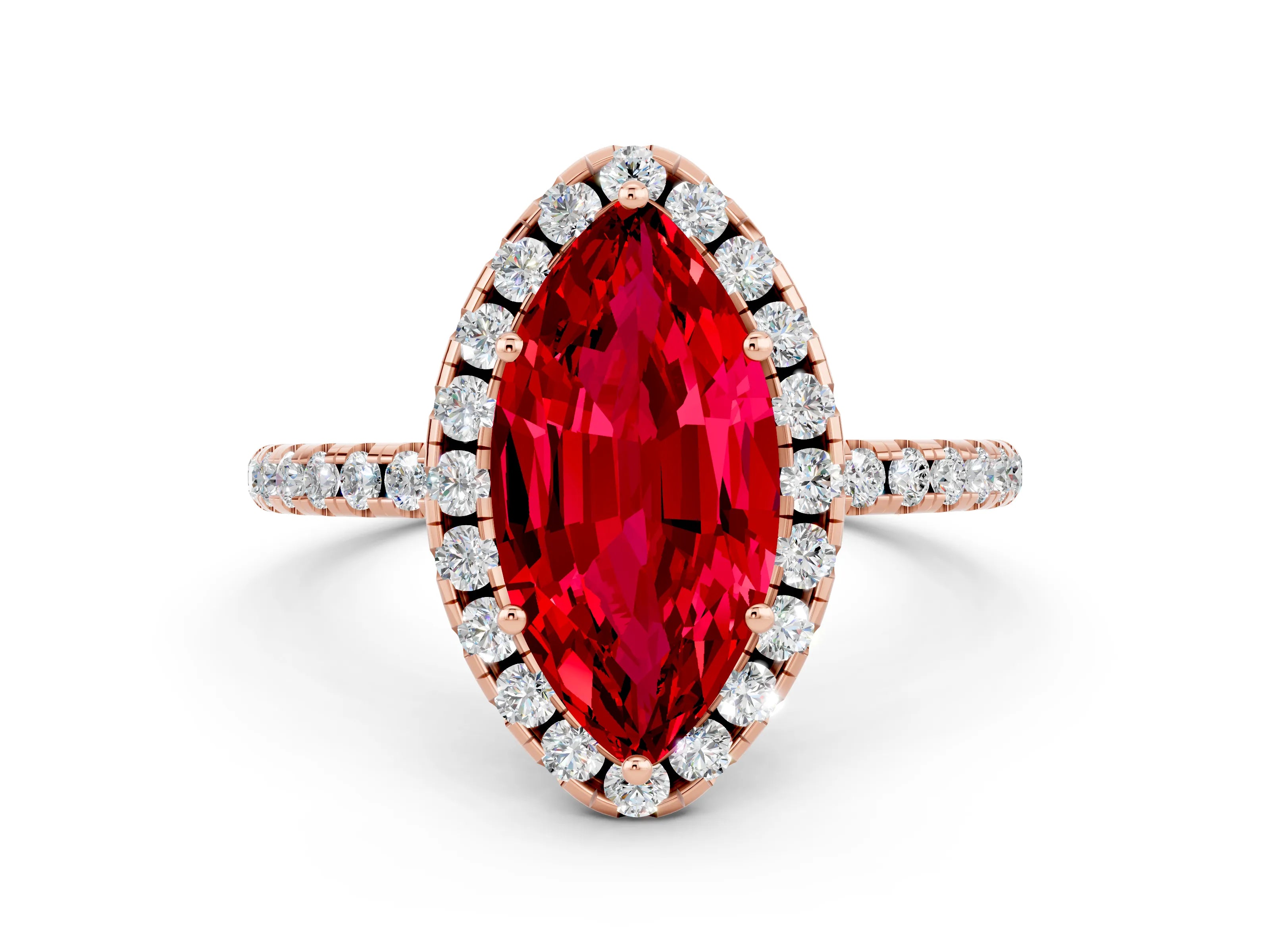Rose gold Marquise Cut Halo Round Diamond Pavé Band Four-Prong Ring