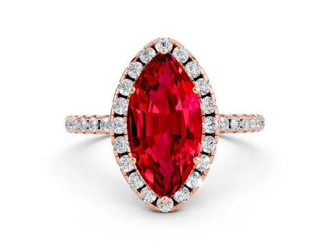 Rose gold Marquise Cut Halo Round Diamond Pavé Band Four-Prong Ring