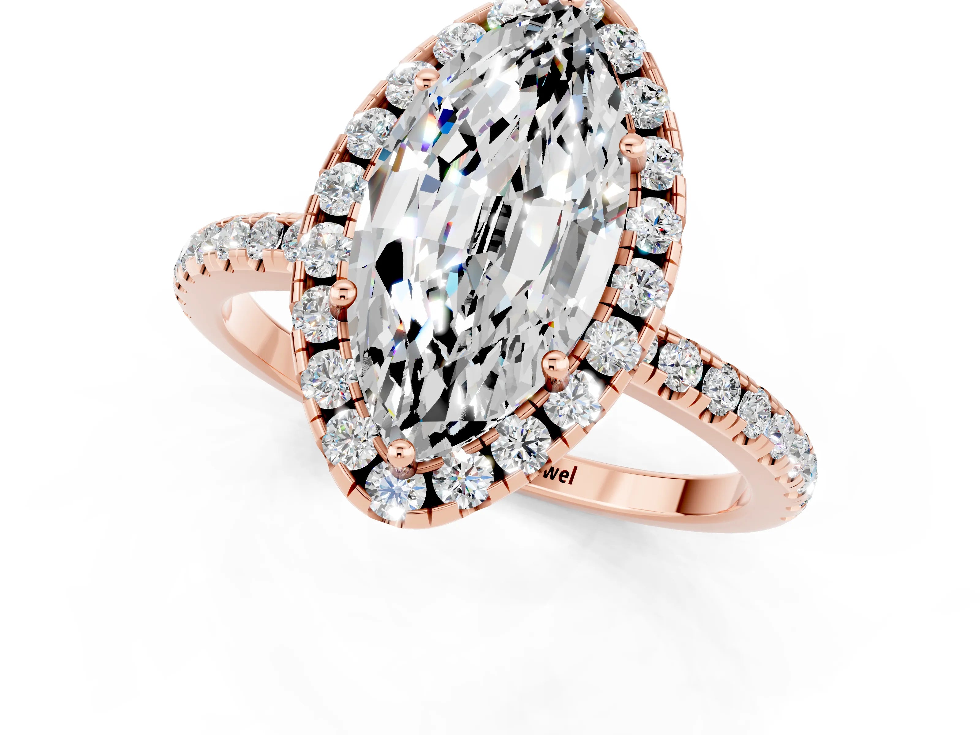Rose gold Marquise Cut Halo Round Diamond Pavé Band Four-Prong Ring_1