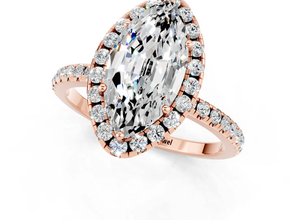 Rose gold Marquise Cut Moissanite Halo Ring with Round Pavé Band and Prong Setting