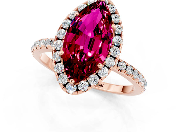 Rose gold Marquise Cut Garnet Halo Ring with Round Pavé Band and Prong Setting