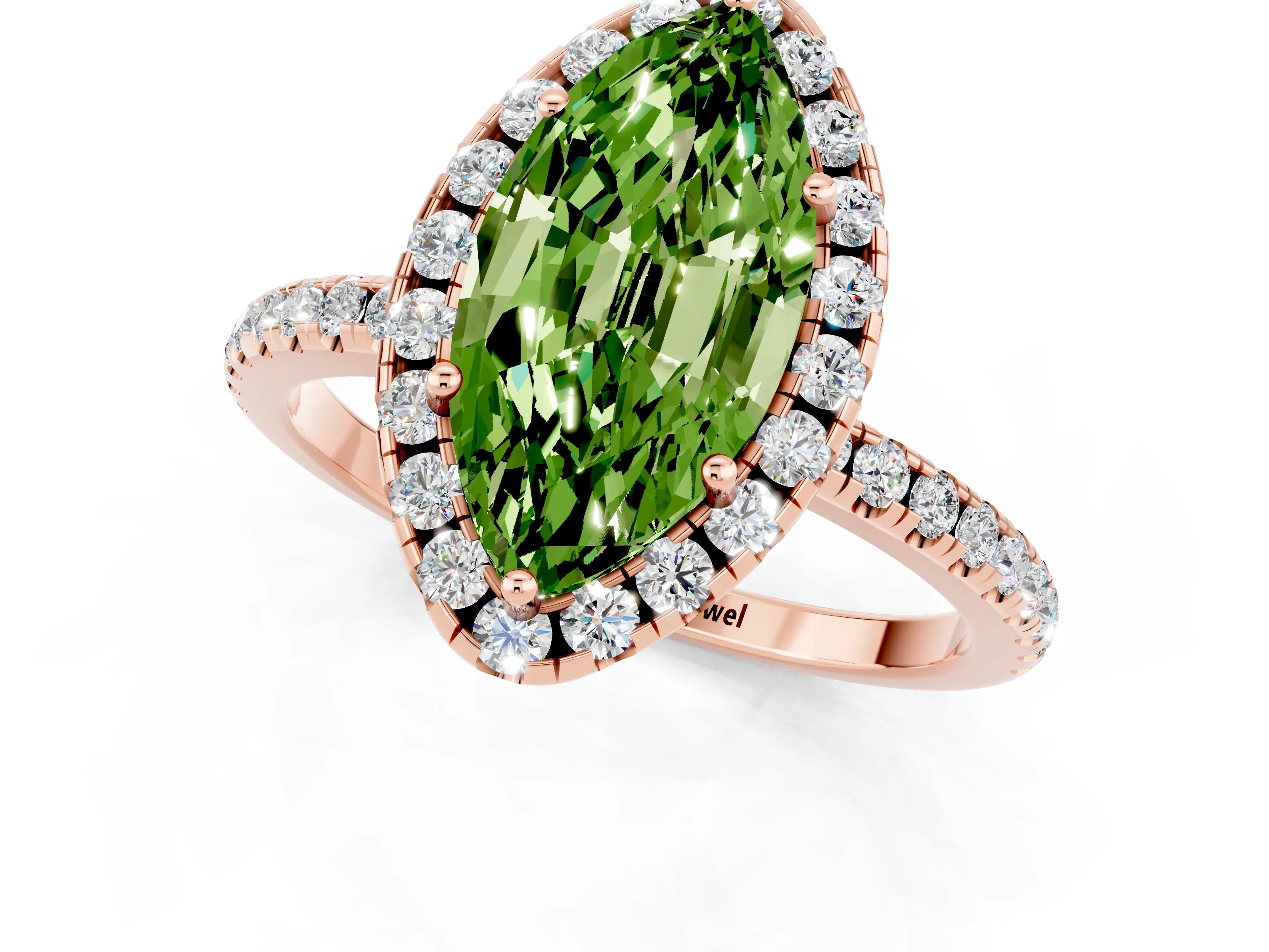 Rose gold Marquise Cut Halo Round Diamond Pavé Band Four-Prong Ring_1