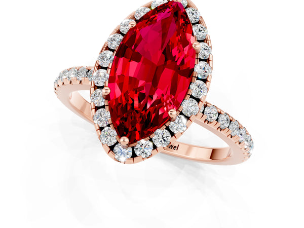 Rose gold Marquise Cut Halo Round Diamond Pavé Band Four-Prong Ring