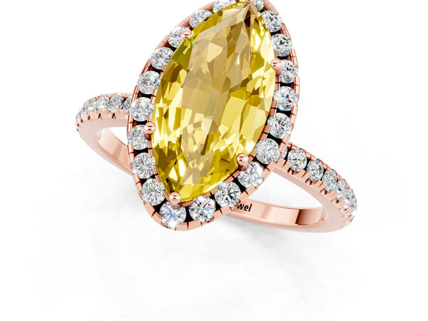 Rose gold Marquise Cut Yellow Sapphire Halo Ring with Round Pavé Band and Prong Setting