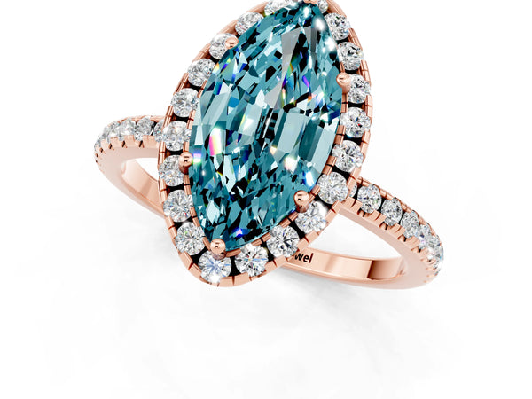 Rose gold Marquise Cut Halo Round Diamond Pavé Band Four-Prong Ring