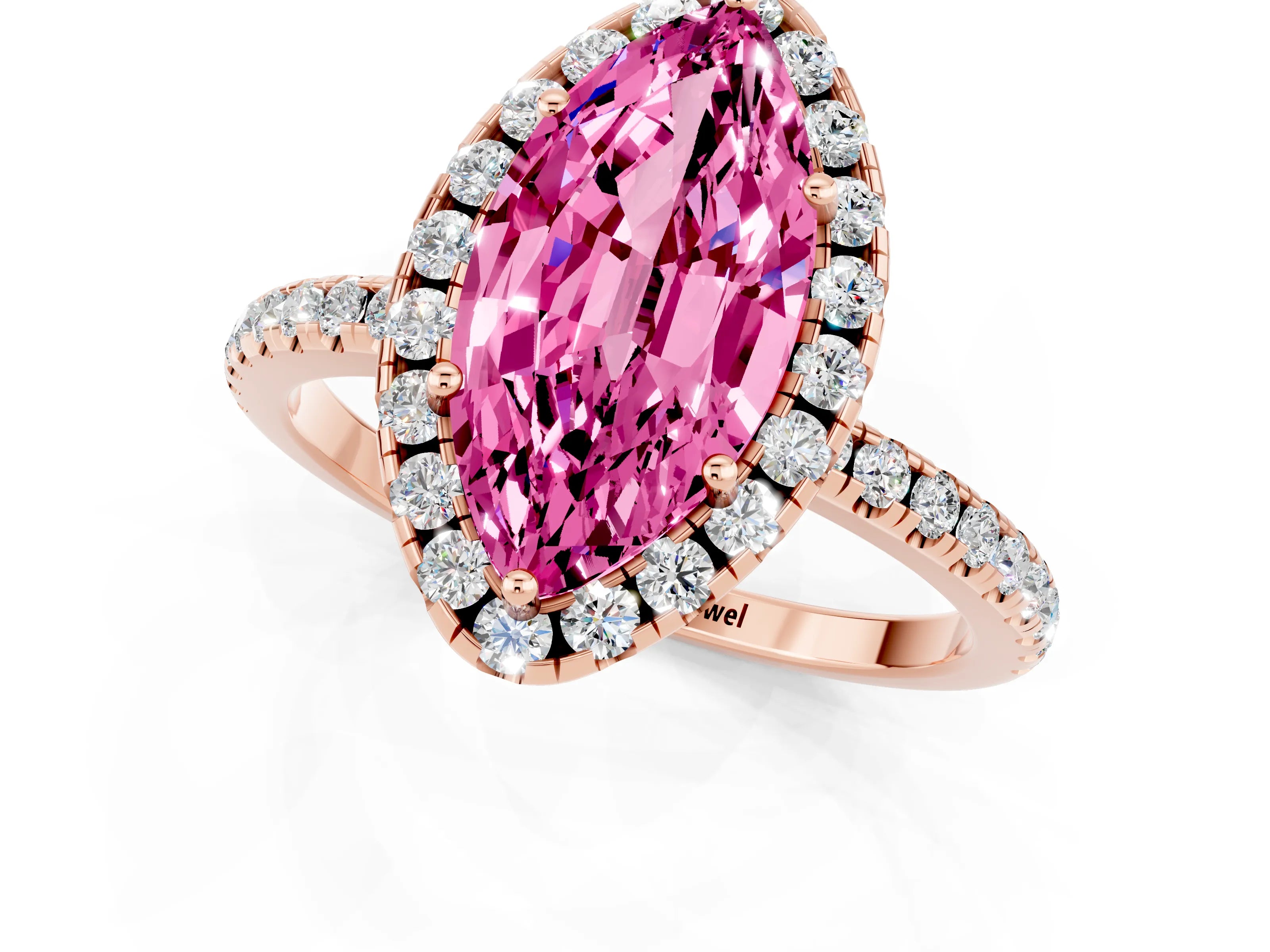 Rose gold Marquise Cut Halo Round Diamond Pavé Band Four-Prong Ring_1