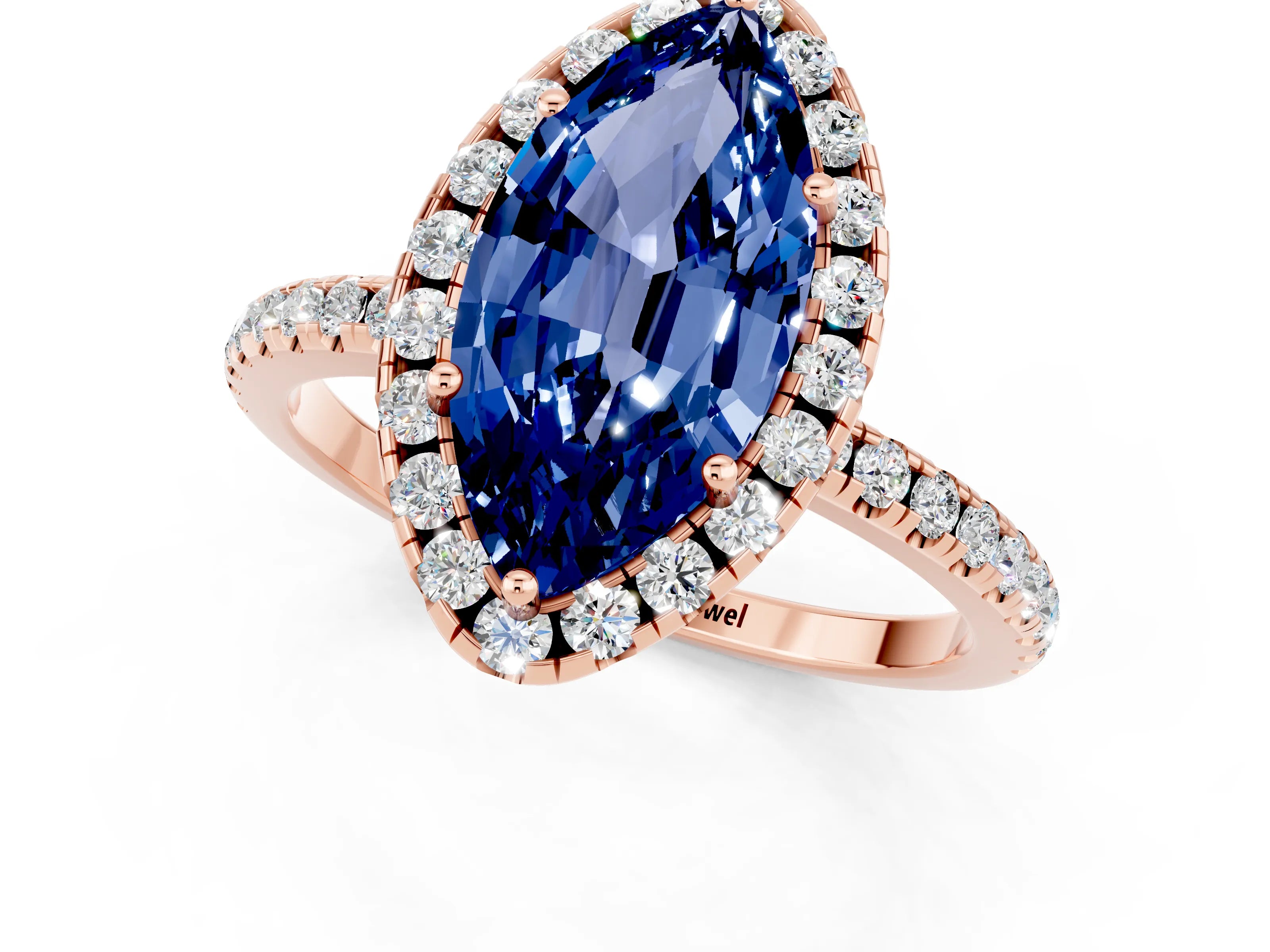 Rose gold Marquise Cut Halo Round Diamond Pavé Band Four-Prong Ring_1