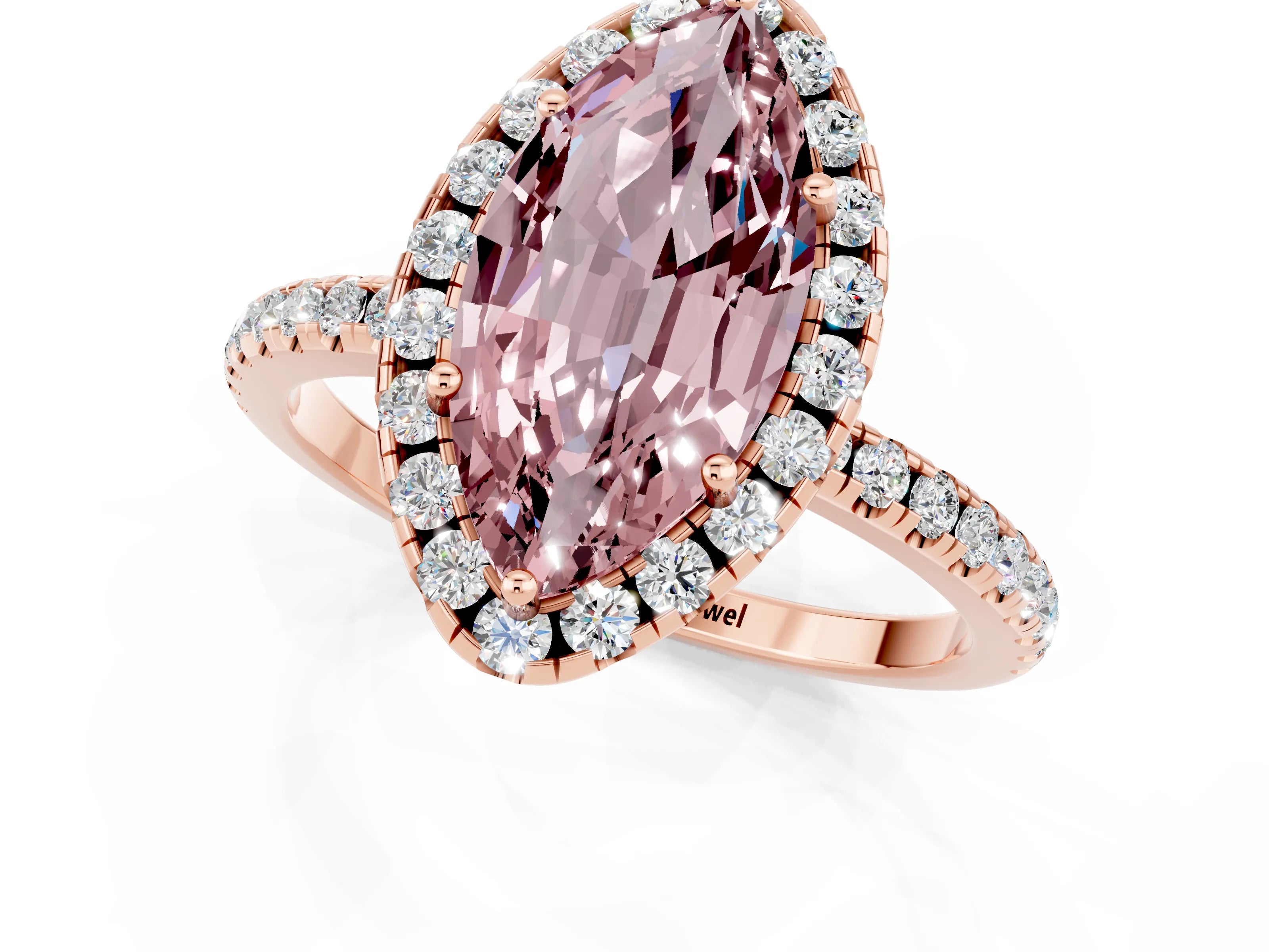Rose gold Marquise Cut Halo Round Diamond Pavé Band Four-Prong Ring_1