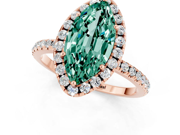 Rose gold Marquise Cut Green Sapphire Halo Ring with Round Pavé Band and Prong Setting