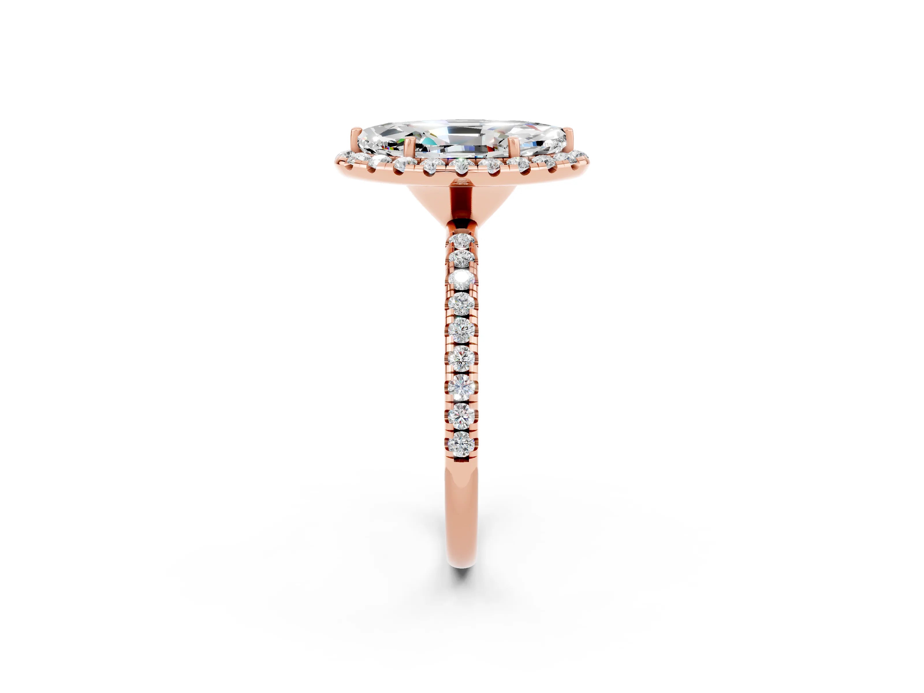 Rose gold Marquise Cut Halo Round Diamond Pavé Band Four-Prong Ring_2