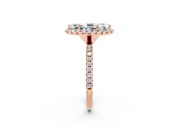 Rose gold Marquise Cut Moissanite Halo Ring with Round Pavé Band and Prong Setting