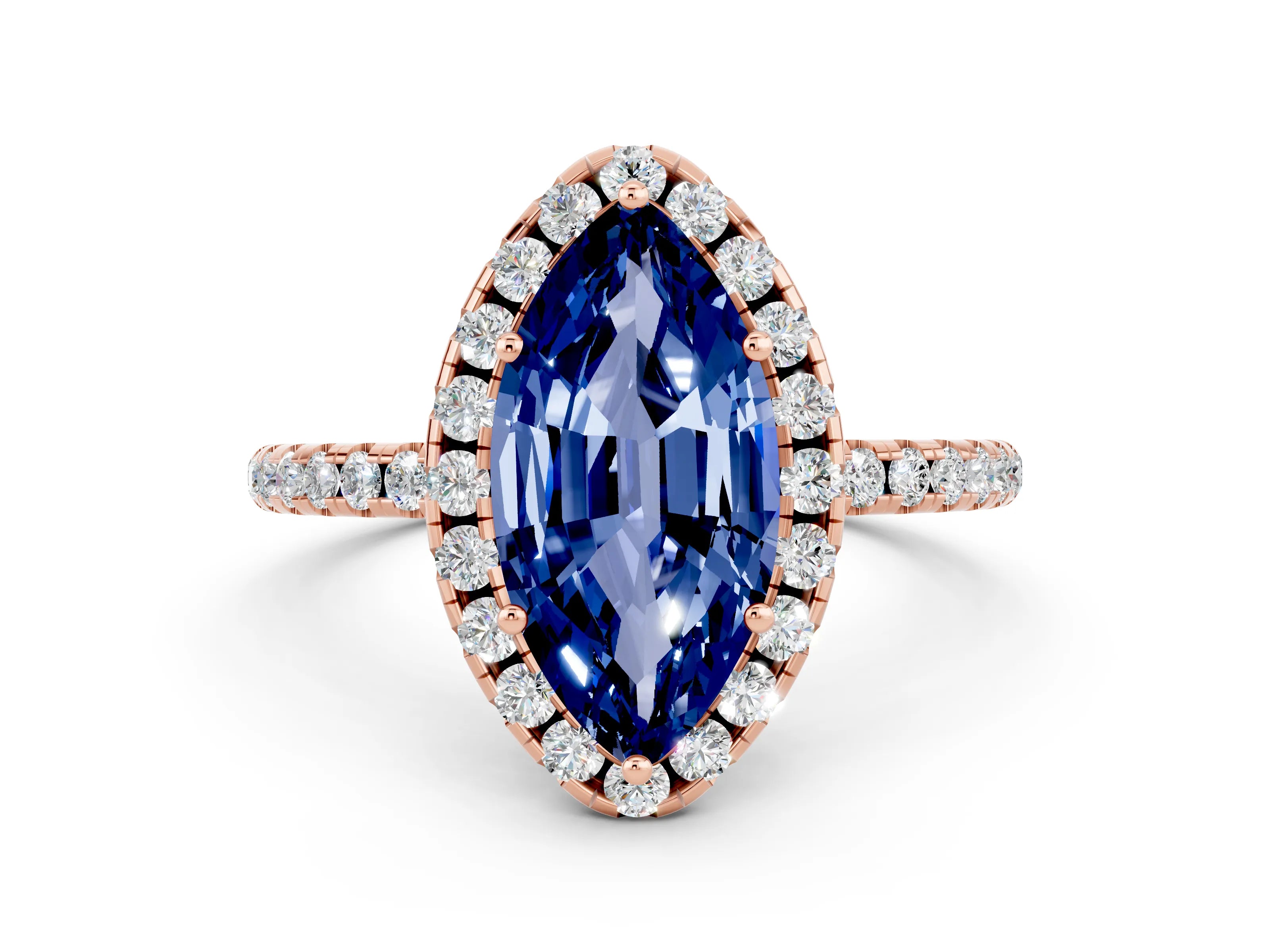 Rose gold Marquise Cut Halo Round Diamond Pavé Band Four-Prong Ring