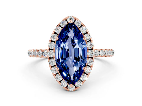 Rose gold Marquise Cut Halo Round Diamond Pavé Band Four-Prong Ring