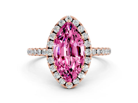 Rose gold Marquise Cut Halo Round Diamond Pavé Band Four-Prong Ring