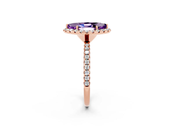 Rose gold Marquise Cut Amethyst Halo Ring with Round Pavé Band and Prong Setting
