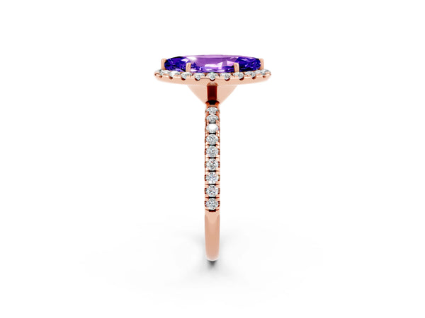Rose gold Marquise Cut Tanzanite Halo Ring with Round Pavé Band and Prong Setting