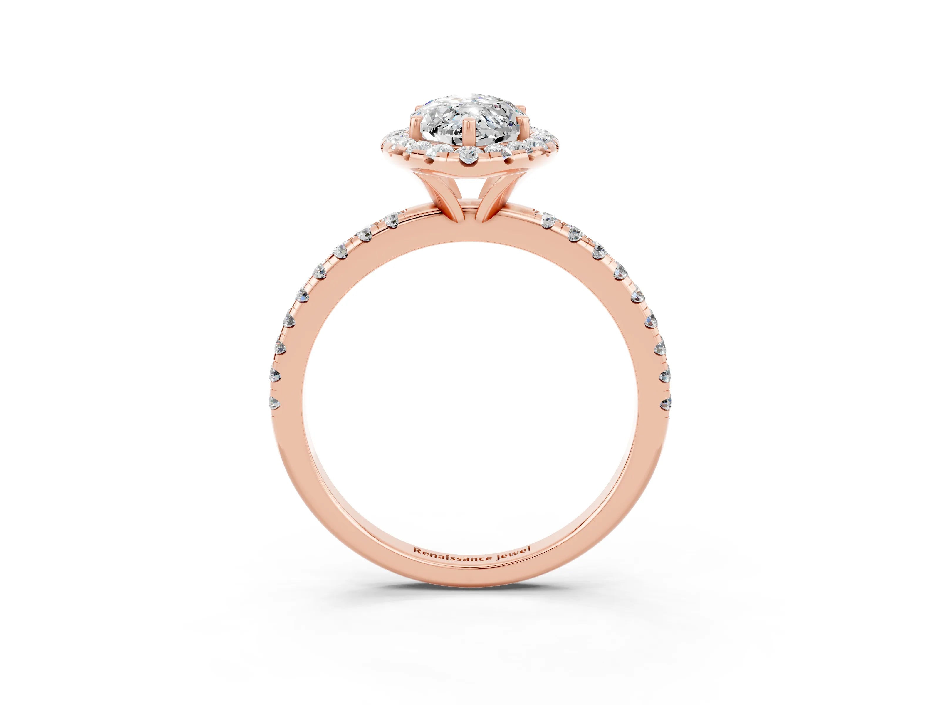 Rose gold Marquise Cut Halo Round Diamond Pavé Band Four-Prong Ring_3