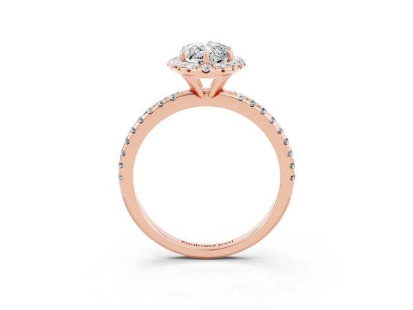 Rose gold Marquise Cut Moissanite Halo Ring with Round Pavé Band and Prong Setting