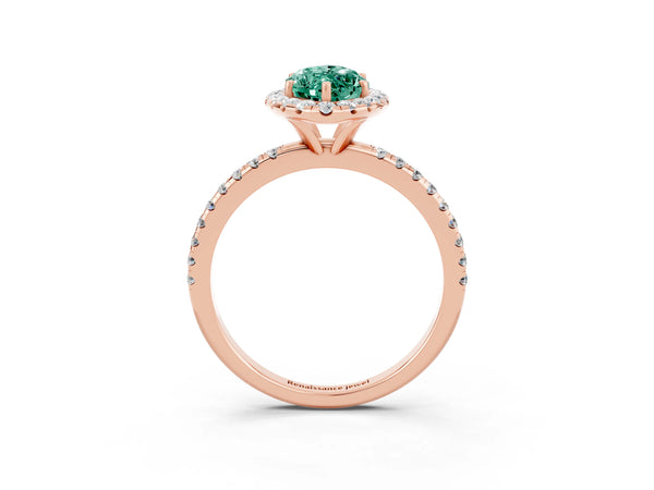 Rose gold Marquise Cut Green Sapphire Halo Ring with Round Pavé Band and Prong Setting