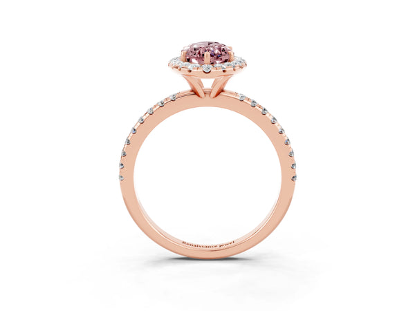 Rose gold Marquise Cut Halo Round Diamond Pavé Band Four-Prong Ring